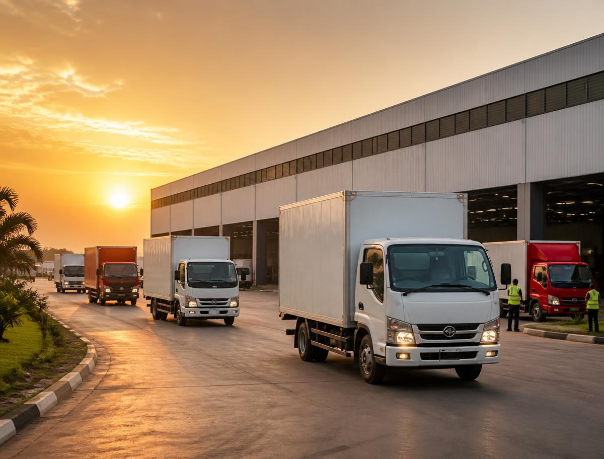 Delivery fleet leaving the distribution centre